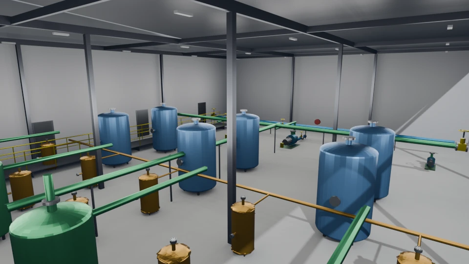 3D BIM model of a pump station interior showing pumps, tanks, and piping
