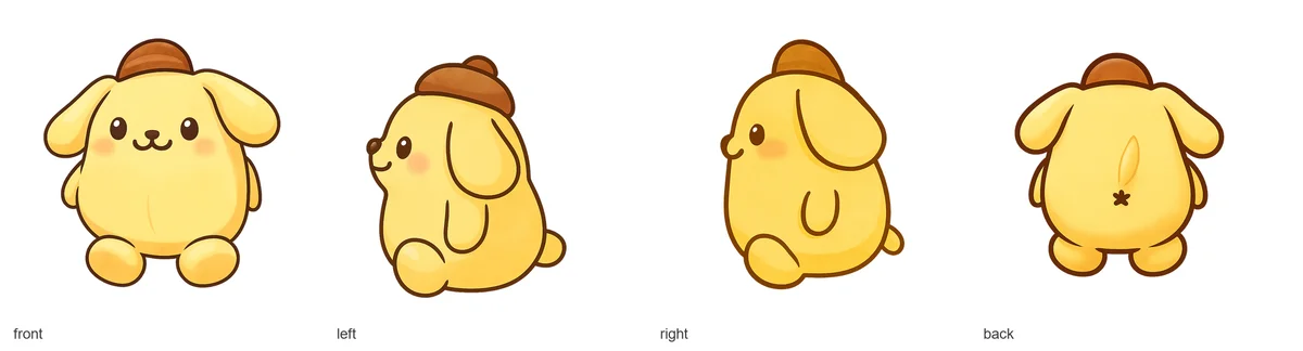 Sample flat-friend character sheet: front, left, right, and back views of one plush