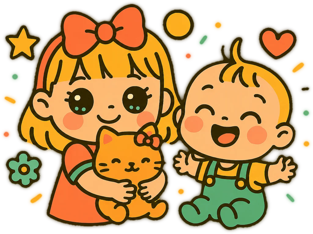 Illustration of two kids with a plush cat
